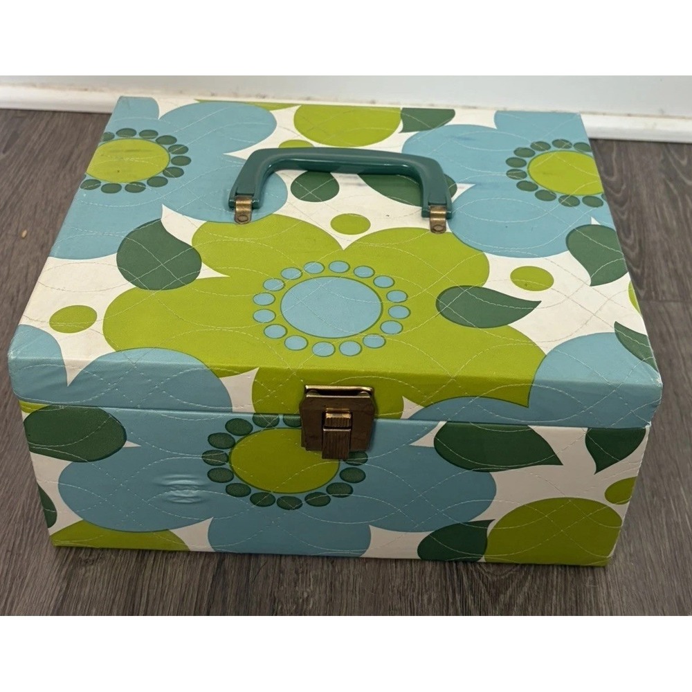 Vtg 70s Mod Vanity Sewing Box Daisy Floral Flower Power Storage Case MCM Decor